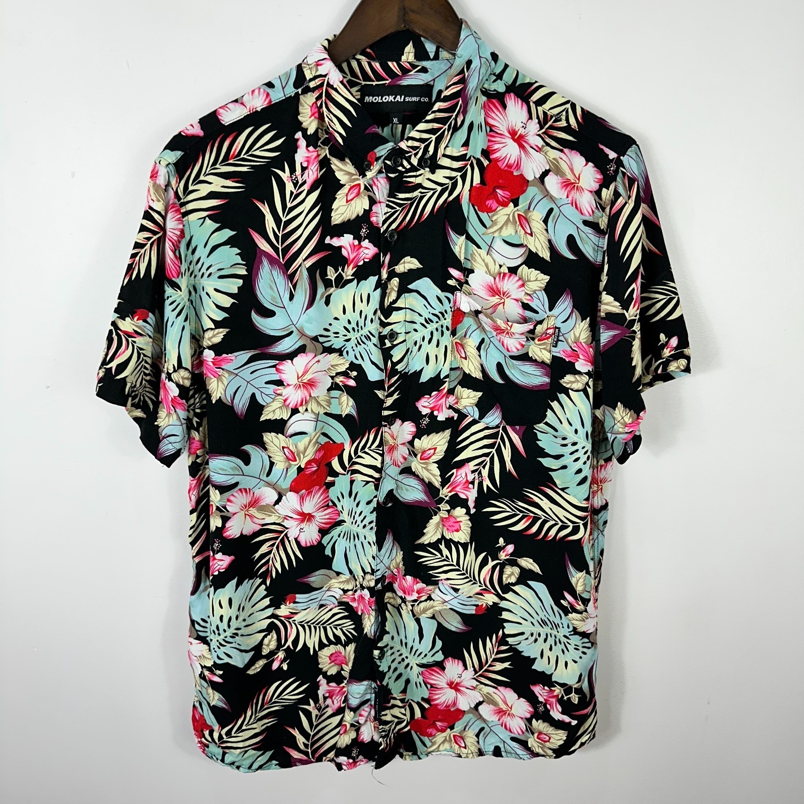 Molokai Surf Co Shirt Xl Black Floral Button Tropical Hibiscus Resort Aloha